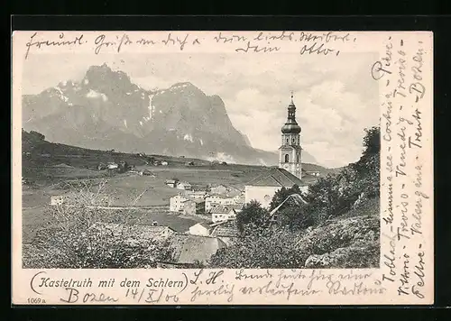 AK Kastelruth, Panorama mit Kirche und dem Schlern