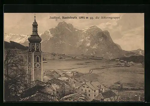AK Kastelruth, Panorama mit Kirche gegen die Schlerngruppe