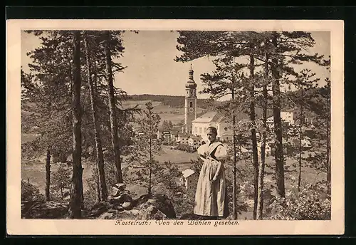 AK Kastelruth, Panorama mit Frau von den Bühlen gesehen