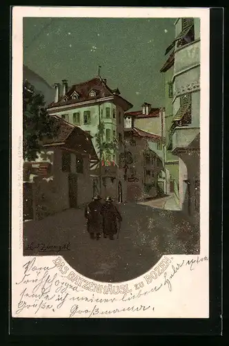 Künstler-AK Bozen, Blick auf das Batzenhäusl bei Nacht
