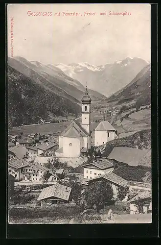 AK Gossensass, Ortsansicht mit Feuerstein, Ferner- und Schneespitze