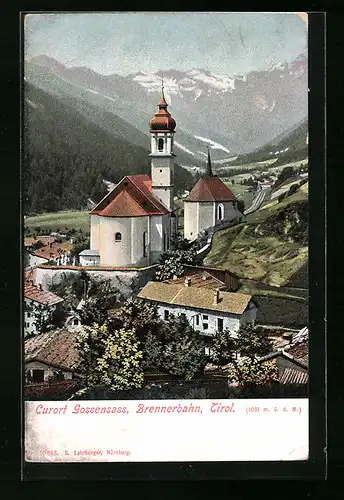 AK Gossensass, Ortspartie mit Brennerbahn, Kirche