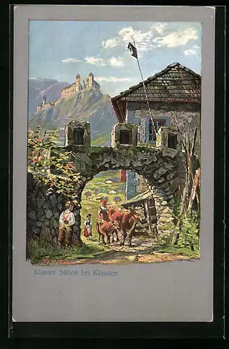 Künstler-AK Kloster Säben bei Klausen, Partie an steinernem Tor vor der Burg
