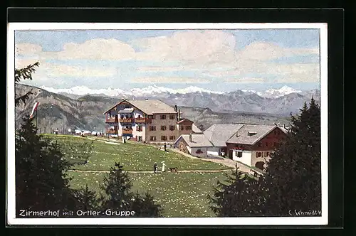 Künstler-AK Carl Schmidt: Radein, Gasthaus Zirmerhof mit Ortler Gruppe aus der Ferne