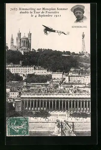AK Lyon, Kimmerling sur Monoplan Sommer double la Tour de Fourvière, 1911