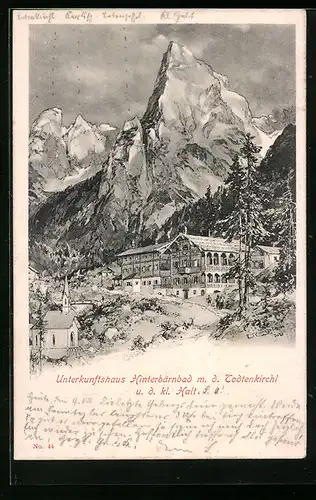Künstler-AK Edward Theodore Compton: Kufstein, Unterkunftshaus Hinterbärnbad m. d. Todtenkirchl u. d. kl. Halt