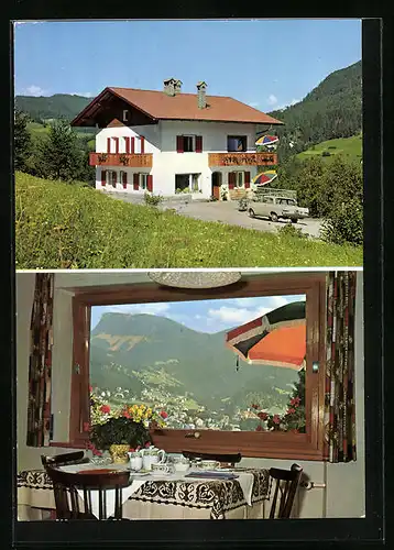AK St. Ulrich, Villa Haus Brunely, Digonstrasse 4-1, Innenansicht mit Blick auf den Ort und Dolomiten