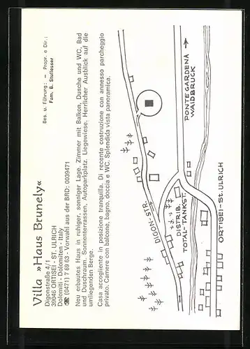 AK St. Ulrich, Villa Haus Brunely, Digonstrasse 4-1, Innenansicht mit Blick auf den Ort und Dolomiten