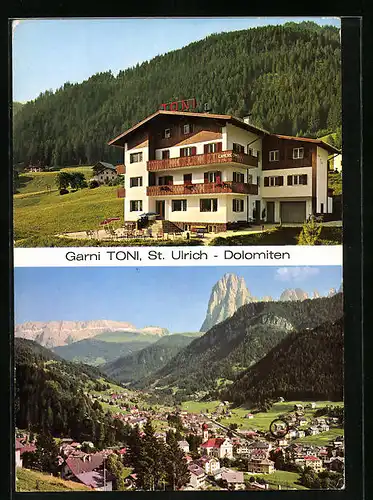 AK St. Ulrich, Pension Garni Toni, Teilansicht, Dolomiten