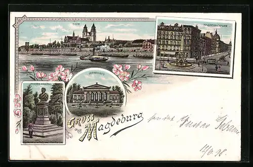 Lithographie Magdeburg, Totalansicht mit Dom