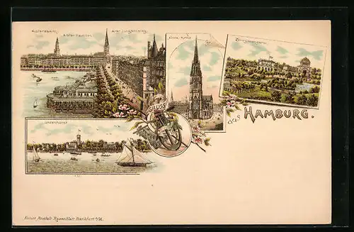 Lithographie Hamburg, Totalansicht mit Nicolai-Kirche