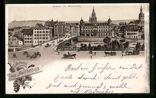 Lithographie Heilbronn, Neckarbrücke mit Passanten