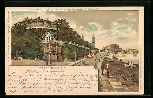 Lithographie Dresden, Ortsansicht mit Belvedere und Schlössern