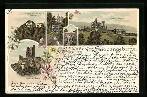 Lithographie Königswinter i. Siebengebirge, Ruine Drachenfels mit Drachenburg