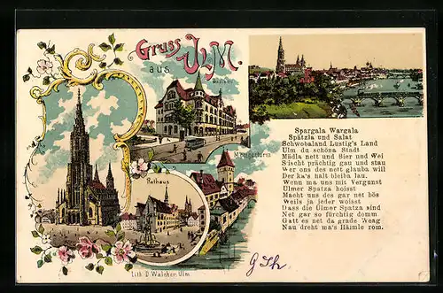 Lithographie Ulm, Dom mit Rathaus