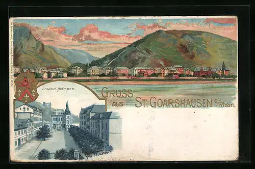 Künstler-AK St. Goarshausen a. Rhein, Totalansicht mit Institut Hofmann und Wappen
