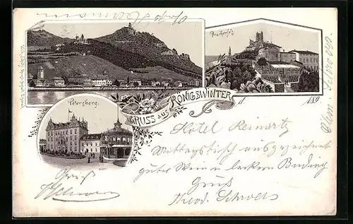 Lithographie Königswinter, Totalansicht mit Drachenfels und Petersberg