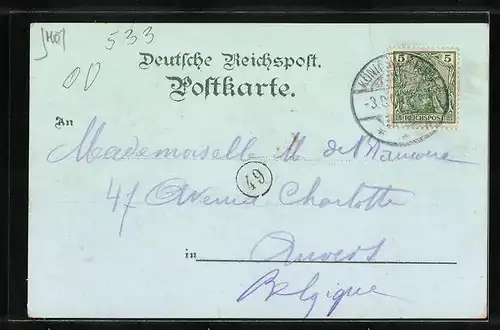 Lithographie Königswinter, Totalansicht mit Ruine Drachenfels