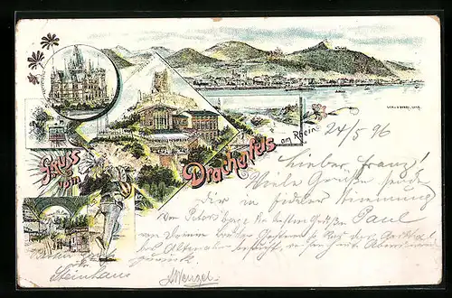 Lithographie Königswinter, Drachenfels am Rhein mit Drachenburg