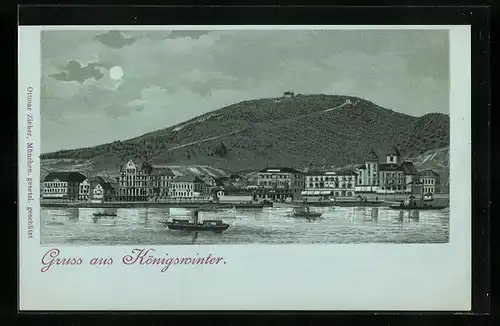 Mondschein-Lithographie Königswinter, Totalansicht mit Uferpartie