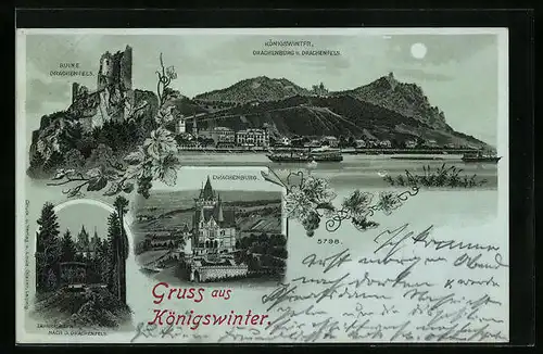 Mondschein-Lithographie Königswinter, Drachenburg mit Ruine Drachenfels