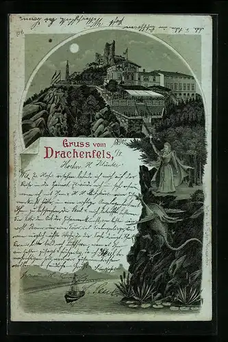 Mondschein-Lithographie Königswinter, Drachenfels mit Ruine