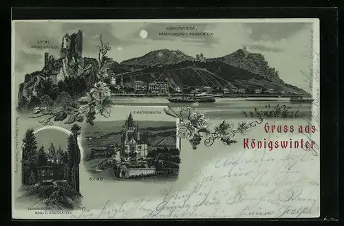 Mondschein-Lithographie Königswinter, Gesamtansicht mit Zahnradbahn nach d. Drachenfels