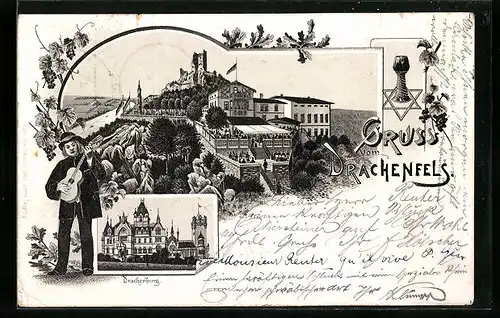 Lithographie Königswinter, Drachenfels mit Drachenburg