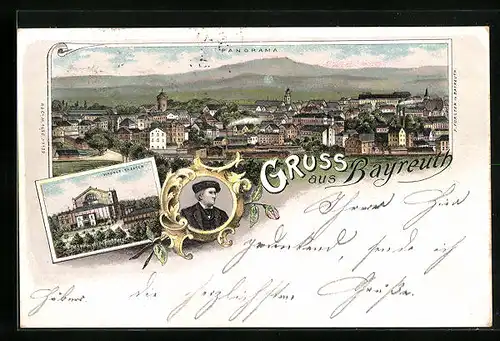 Lithographie Bayreuth, Panoramaansicht mit Wagner-Theater