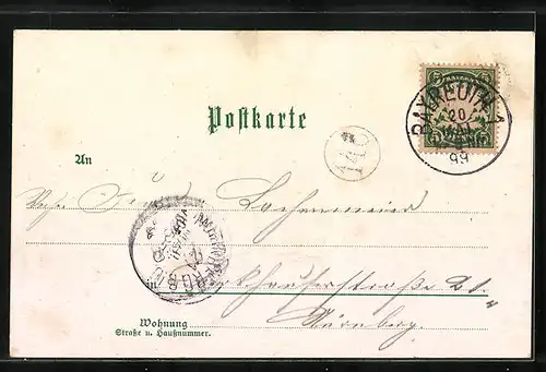 Lithographie Bayreuth, Panoramaansicht mit Wagner-Theater