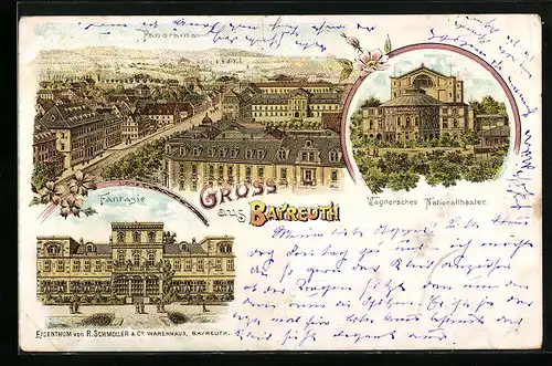 Lithographie Bayreuth, Panoramaansicht mit Nationaltheater