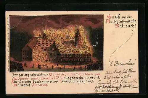 Lithographie Bayreuth, Brand des alten Schlosses am 26. Januar 1753