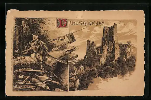 Lithographie Königswinter, Drachenfels mit Burg und Ritter