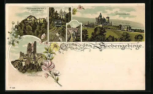 Lithographie Königswinter, Drachenburg und Drachenfels im Siebengebirge