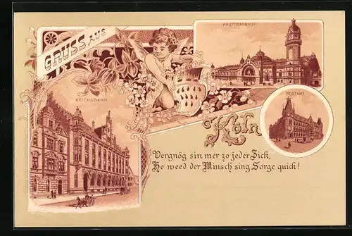 Lithographie Köln, Hauptbahnhof und Reichsbank