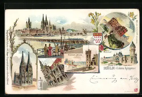 Lithographie Köln, Totalansicht mit Eisenbahn-Brücke