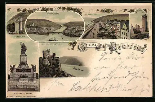 Lithographie Rüdesheim, Totalansicht mit Schloss Rheinstein