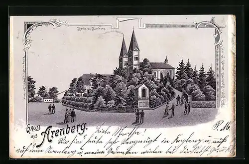 Lithographie Arenberg, Kirche mit Besuchern
