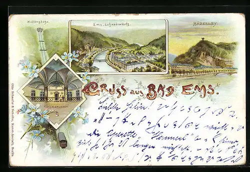 Lithographie Bad Ems, Totalansicht mit Kesselbrunnen