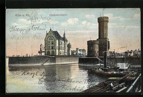 Relief-AK Köln a. Rh., Hafeneinfahrt mit Schiffen