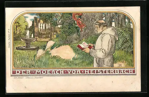 AK Heisterbach, Der Mönch von Heisterbach im Wald mit Springbrunnen und Eichhörnchen