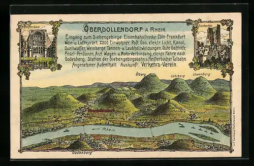 Lithographie Oberdollendorf a. Rhein, Ortsansicht aus der Vogelschau mit Heisterbach und Drachenfels