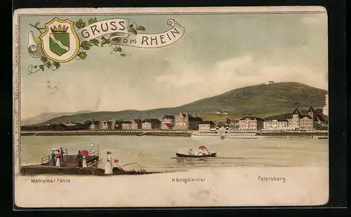 Lithographie Königswinter, Ortsansicht mit Mehlemer Fähre und Petersberg