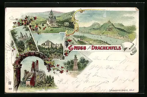 Lithographie Königswinter, Drachenfels mit Rheinpartie