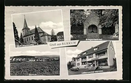 AK Berkum, Ortsansicht, Kath. Pfarrkirche, Kriegerdenkmal, Lebensmittel Meyers