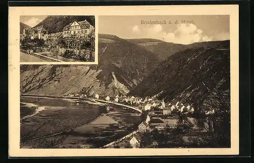 AK Brodenbach a. d. Mosel, Ortsansicht aus der Vogelschau und Gasthof zur Post