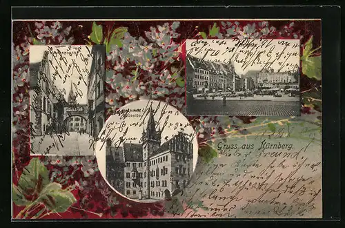 AK Nürnberg, Rathausgasse, Rathaus, Südseite und Marktplatz