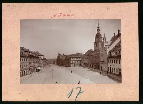 Fotografie Brück & Sohn Meissen, Ansicht Frankenberg i. Sa., Markt mit Apotheke, Handlung C. G. Rossberg, Ratskeller