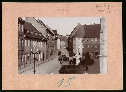 Fotografie Brück & Sohn Meissen, Ansicht Rosswein, Blick in die Kreuzstrasse, Kriegerdenkmal, Geschäft Wilhelm Herrmann