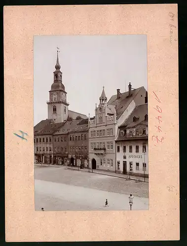 Fotografie Brück & Sohn Meissen, Ansicht Frankenberg i. Sa., Rathaus mit Kirche, Ratskeller, Apotheke, Geschäfte